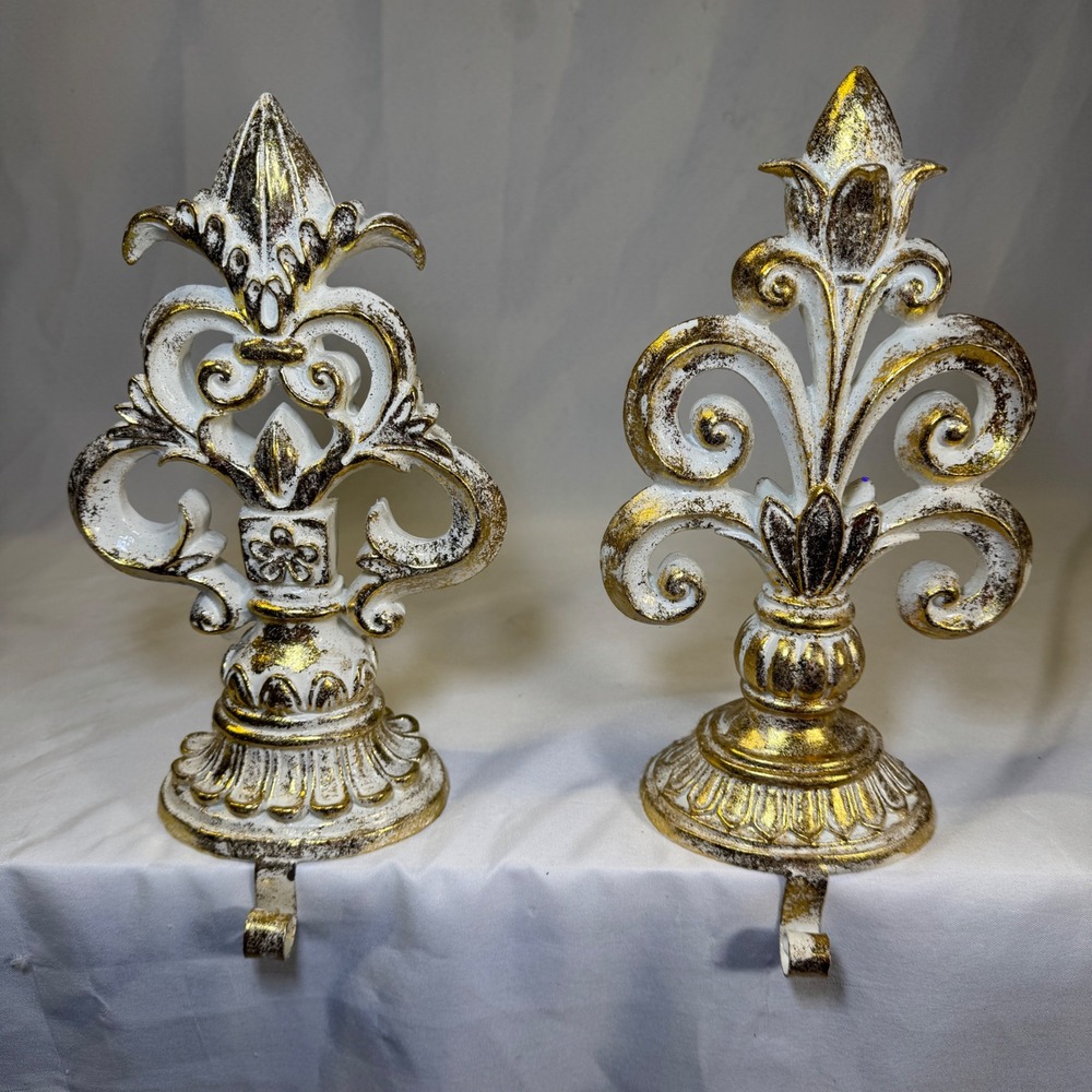 Fleur de Lis Christmas Stocking Holders Set of 2 White Gold Distressed Ornate